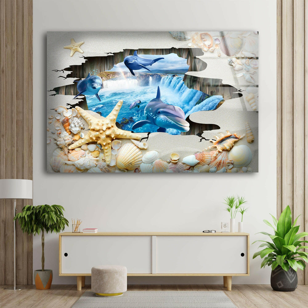 3D Dolphins Glass Wall Art picture on glass wall art, photos printed on glass