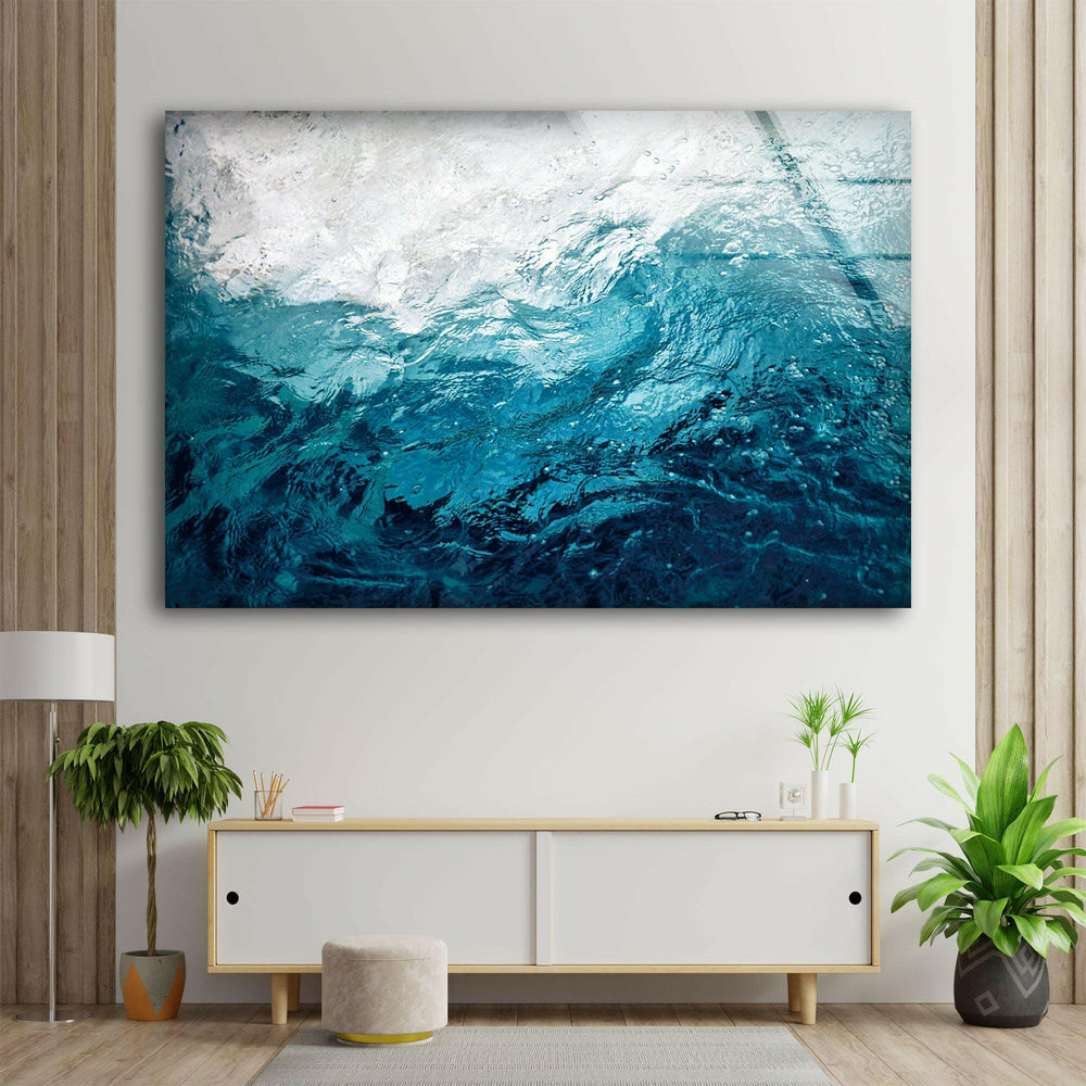 Blue Abstract of Seawater Flow Glass Wall Decor