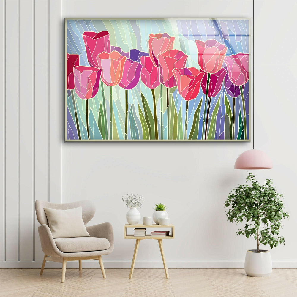 Pink Tulip Stained Glass Wall Art, picture on glass wall art, photos printed on glass