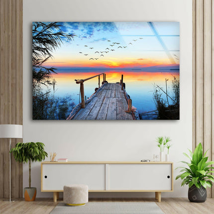 Lake Dock with Sunset View Glass Wall Art