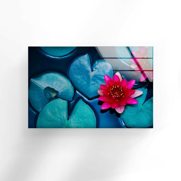 Red Lotus Water Lily Glass Wall Art, glass art painting, glass art for the Wall
