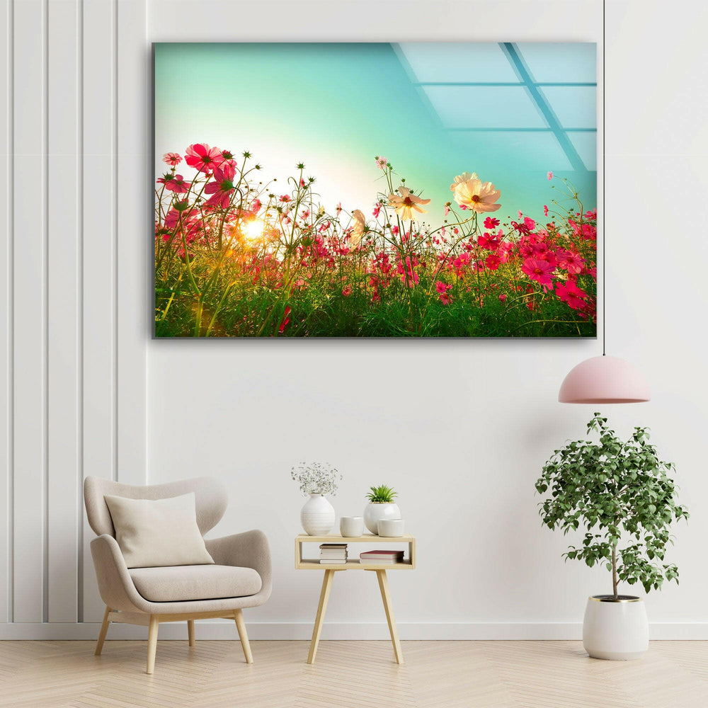 Poppy Flower Field Glass Wall Art, glass wall decor, glass wall art decor