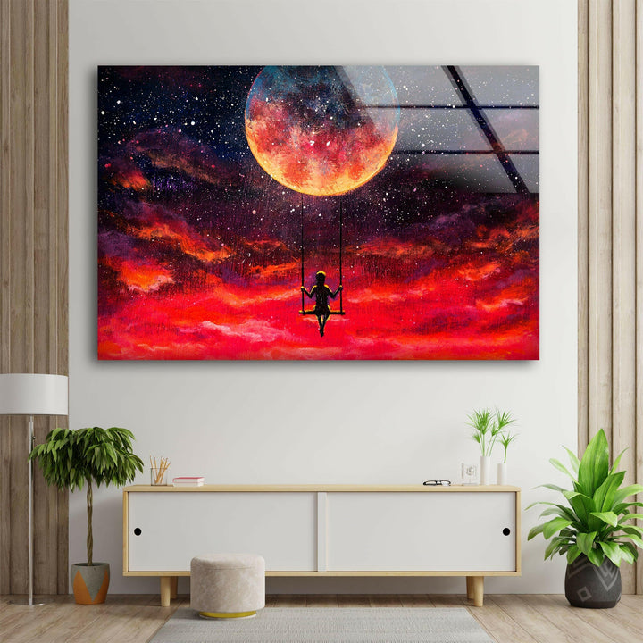 Red Full Moon Glass Wall Pictures & Cool Art