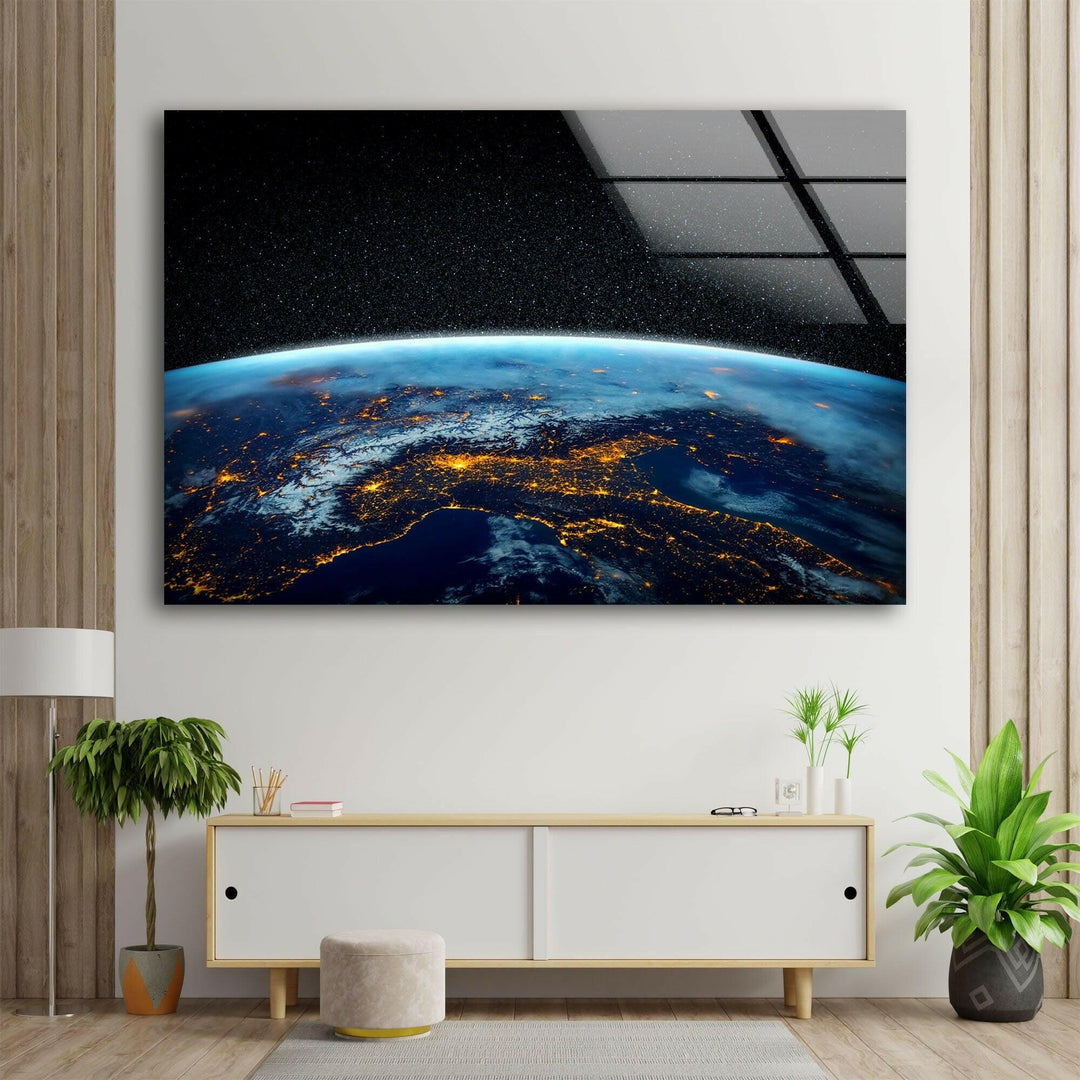 Earth At Night Glass Wall Art, glass wall decor, glass wall art decor