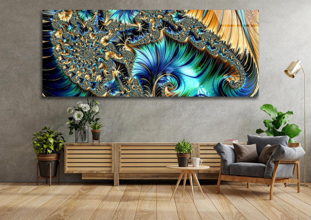 Golden Fractal Panoramic Glass Wall Art custom glass photo prints, large glass prints