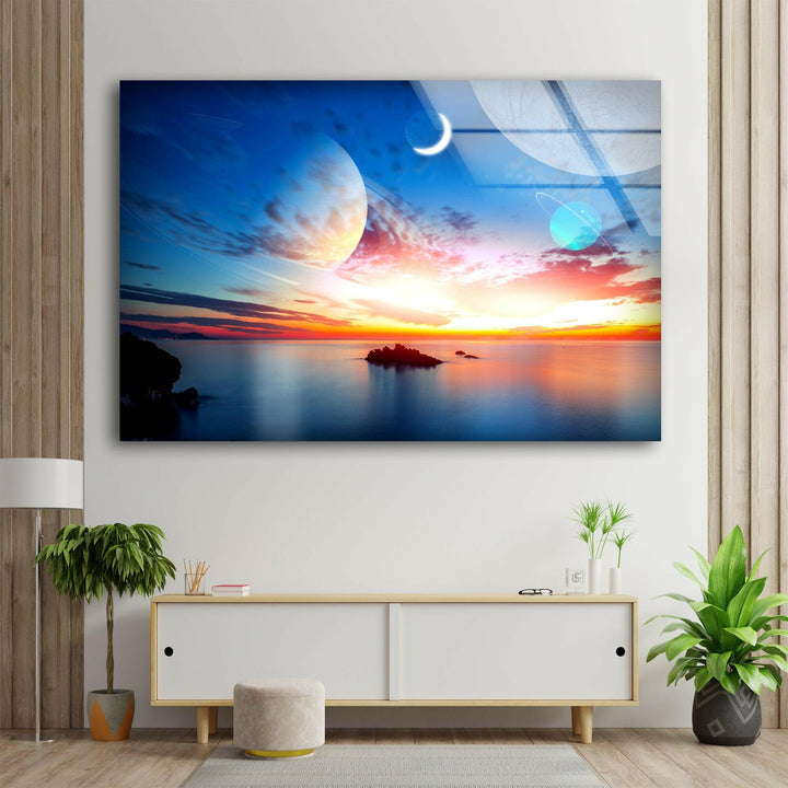 Sunset On The Sea&Planets Glass Wall Art, art glass wall art, glass wall art pictures