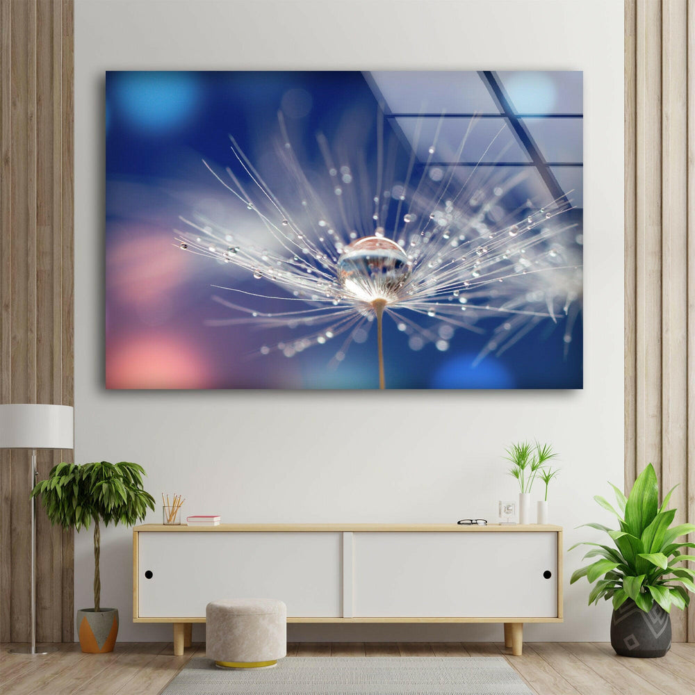 Blue Dandelion With Drops Glass Wall Art, glass wall decor, glass wall art decor