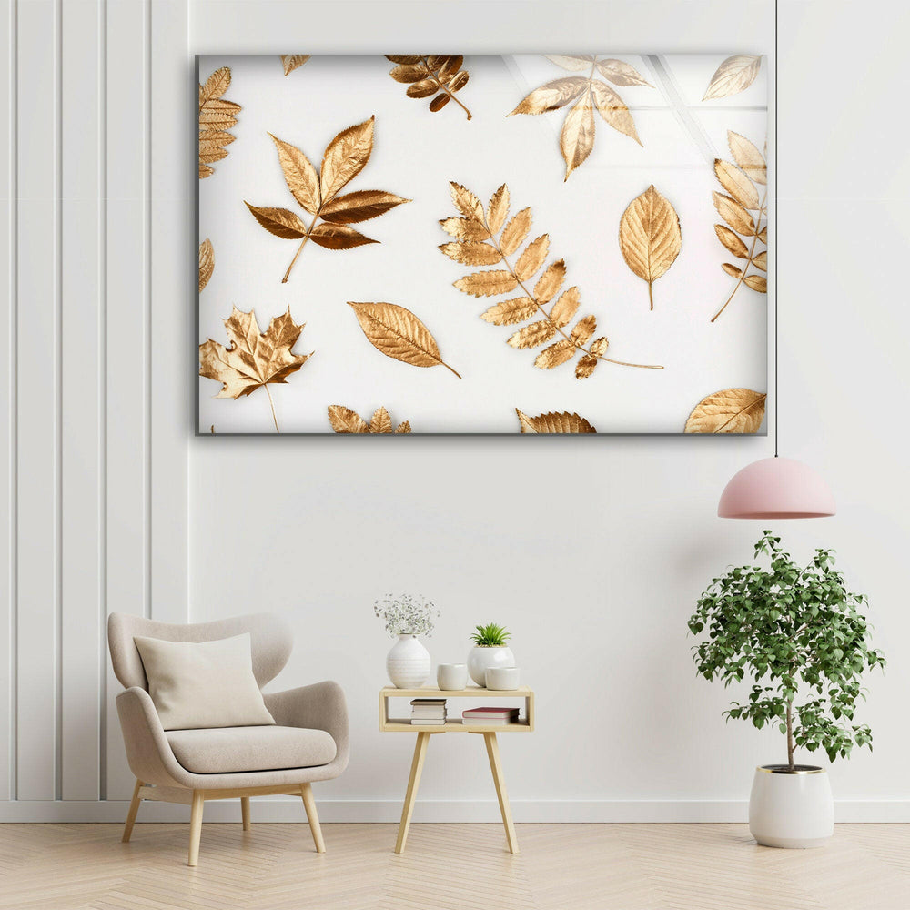 Golden Leaves Glass Wall Art, picture on glass wall art, photos printed on glass