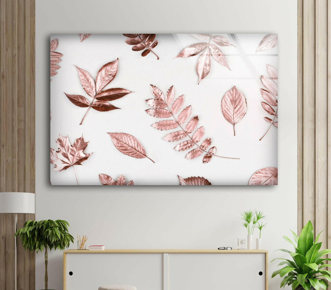 Rose Gold Leaves Glass Wall Art, glass wall decor, glass wall art decor
