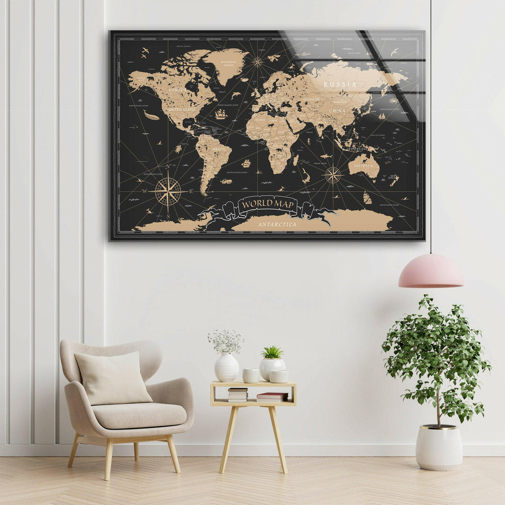 Brown World Map Modern Glass Wall Art & Cool Prints