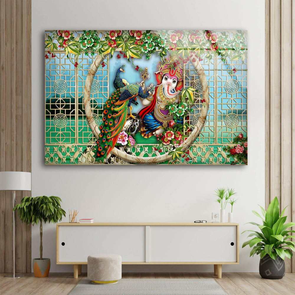 Peacock & Ganesha Glass Wall Art photo print on glass, prints on glass wall art