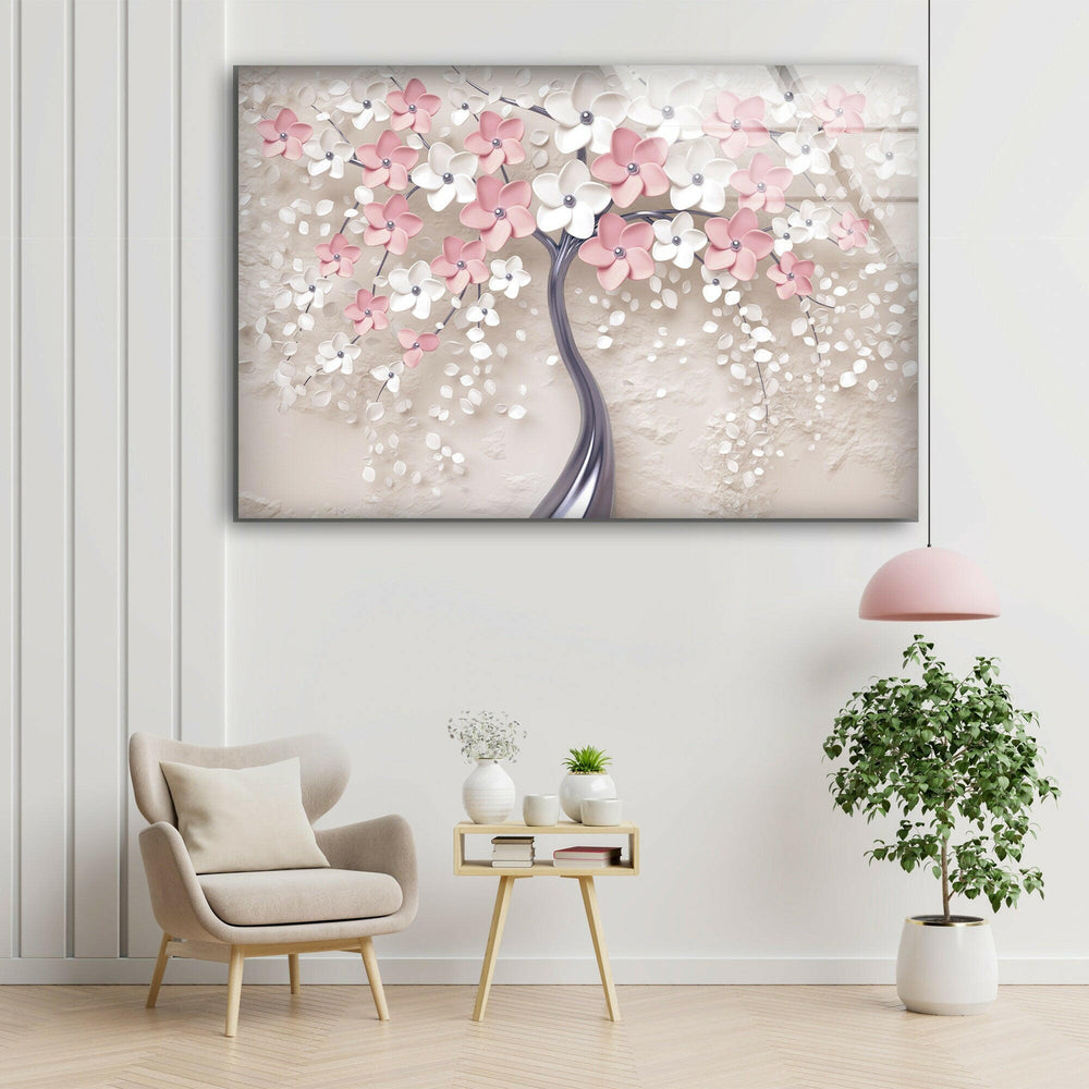 Pink Tree with Flowers Tempered Glass Wall Art - MyPhotoStation