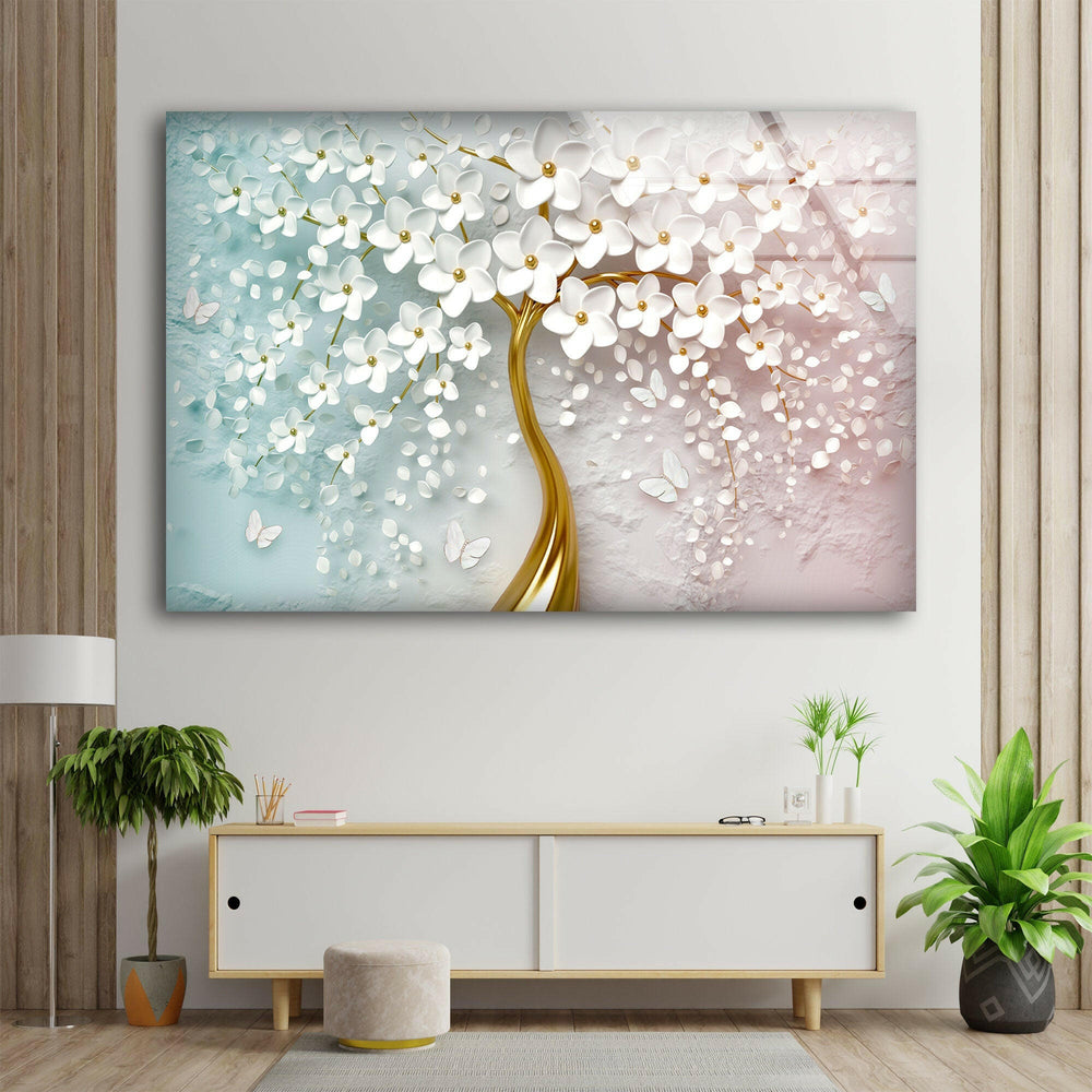 Golden Tree-White Flowers Glass Wall Art, picture on glass wall art, photos printed on glass