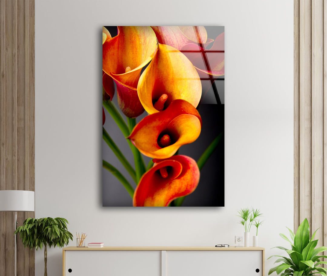 Orange Calla Lilies Glass Wall Art, stained glass wall art, stained glass wall decor