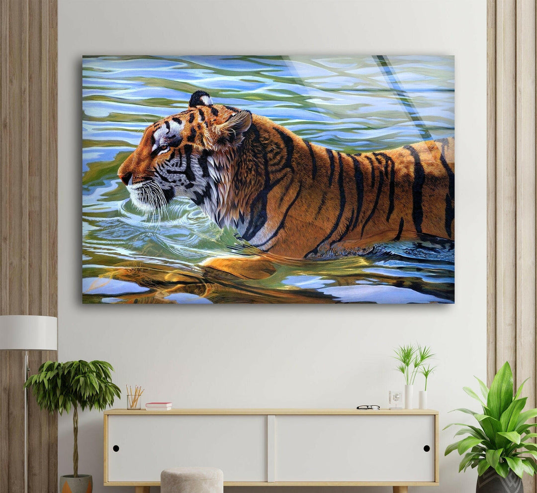 Swimming Tiger Glass Wall Art stained glass wall art, stained glass wall decor