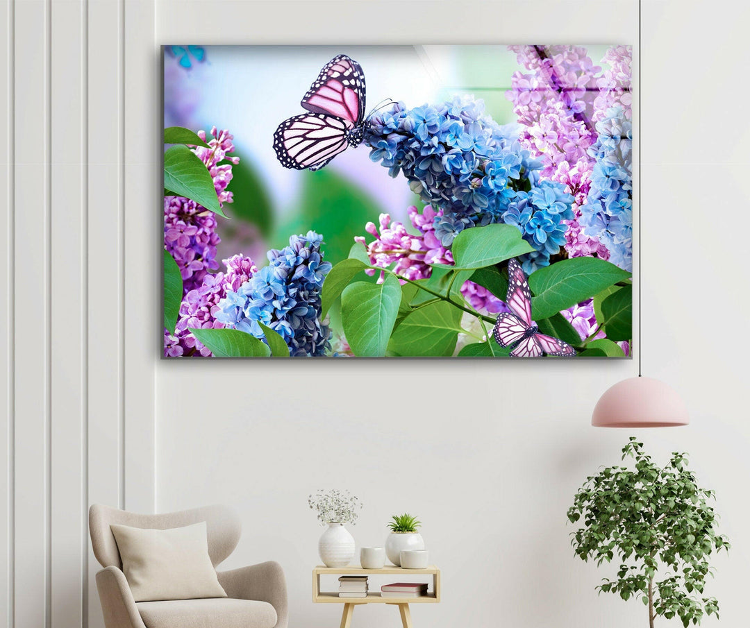 Butterfly And Lilac Flower Glass Wall Art, glass wall decor, glass wall art decor
