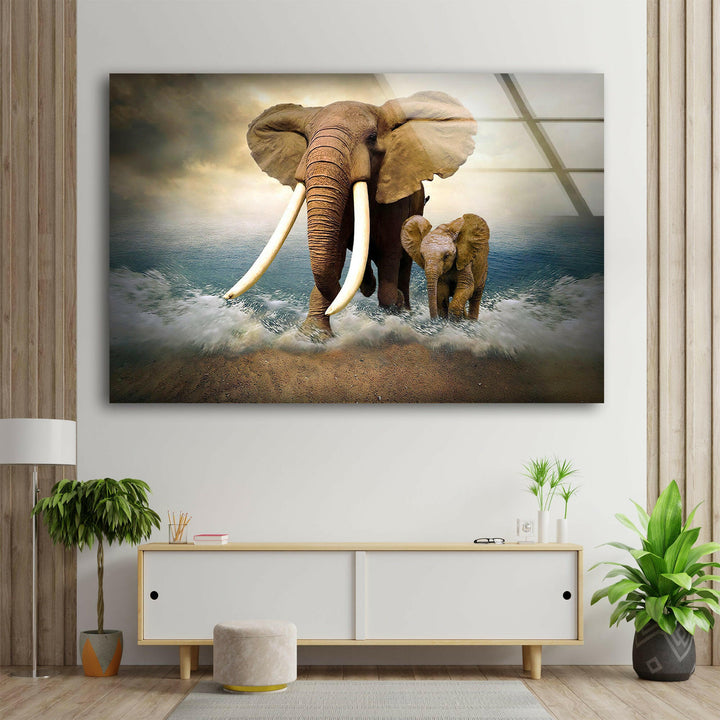 Ocean Elephants Glass Wall Art print on glass, glass printed photos