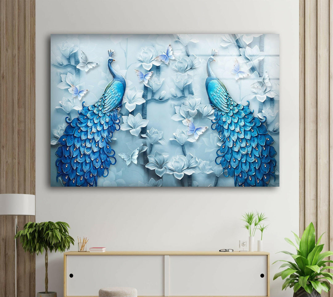 Blue Feather Peacock Glass Wall Art print picture on glass, Tempered Glass Wall Art