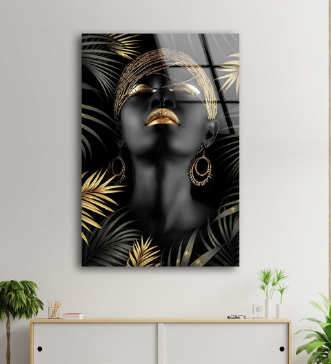 African Woman Gold Leaves Glass Wall Art