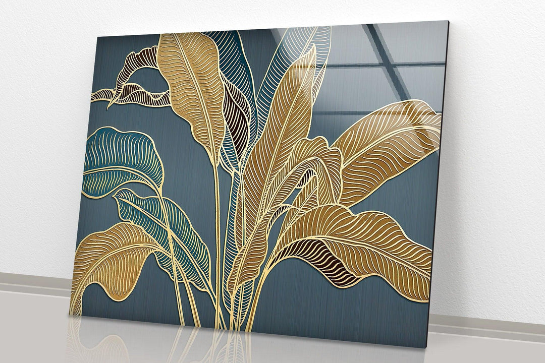 Golden Banana Leafs Glass Wall Art, glass art painting, glass art for the Wall