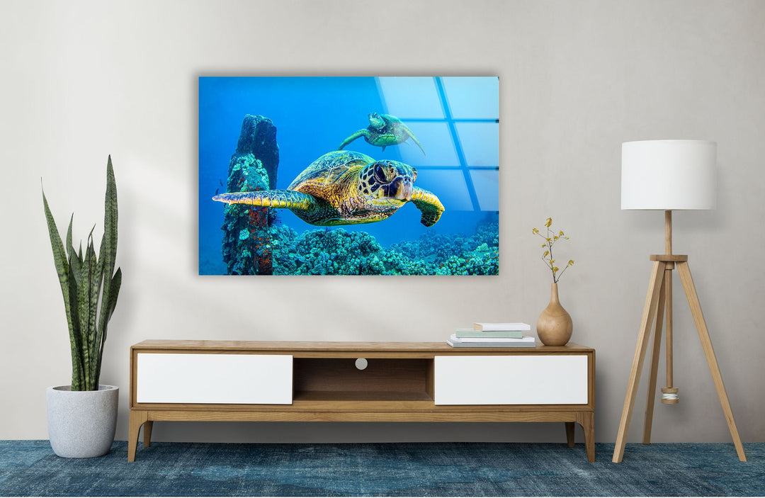 Sea Turtles Swimming Glass Wall Art glass art painting, glass art for the Wall