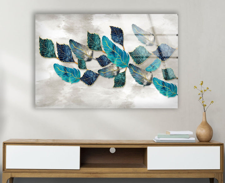 Blueish Golden Leaves Glass Wall Art, custom glass photo prints, large glass prints