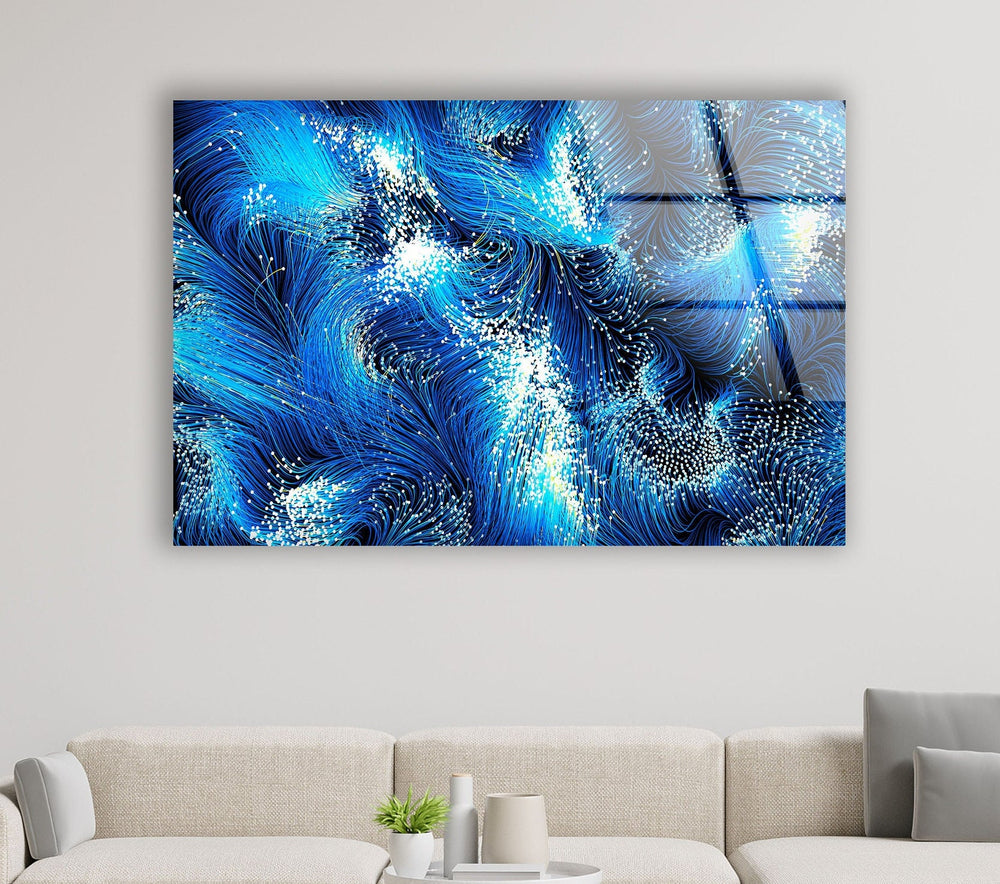 Beautiful abstract flowing neon traces on a black background . Blue Black Swirl Glass Wall Art