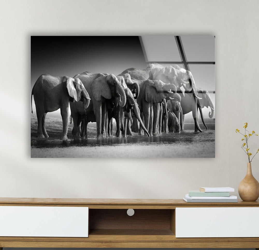 Elephant Group Glass Wall Art picture on glass wall art, photos printed on glass