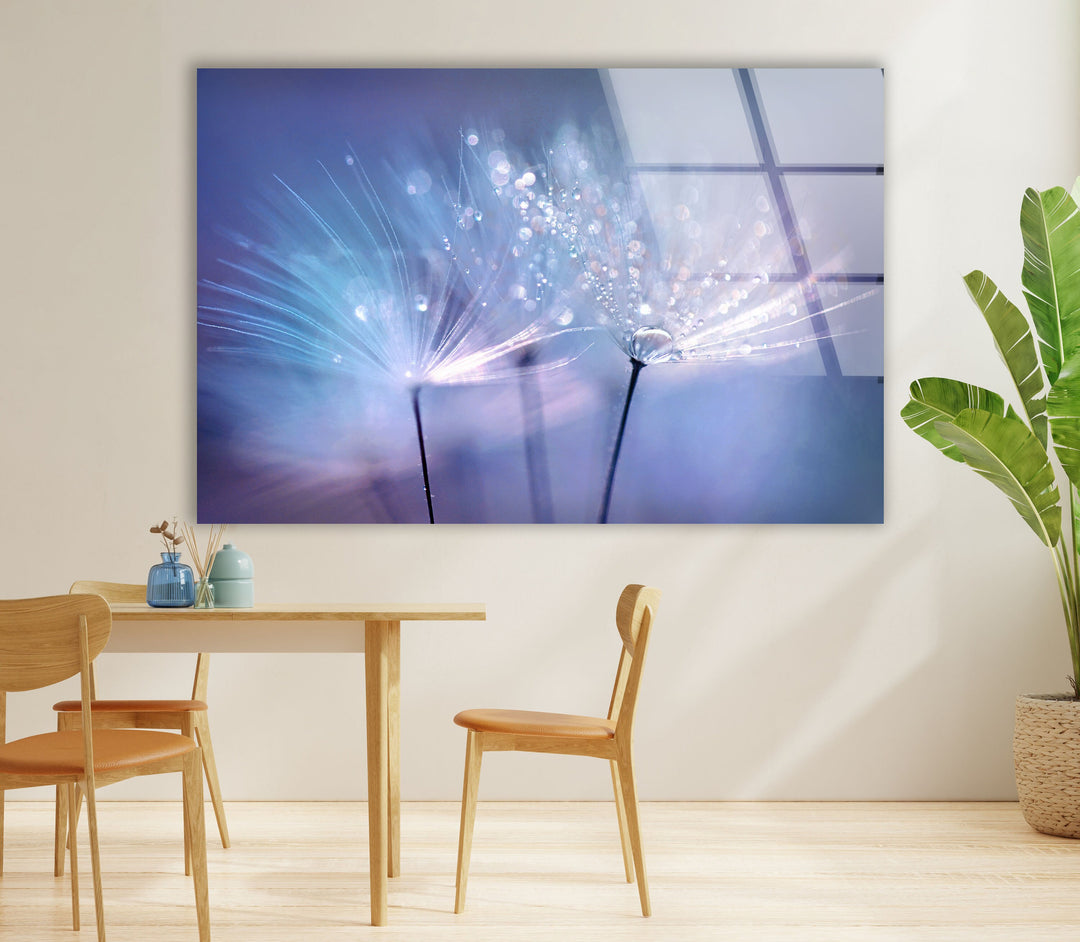 Dandelion Blue Sparkling Drops Glass Wall Art, custom glass photo prints, large glass prints