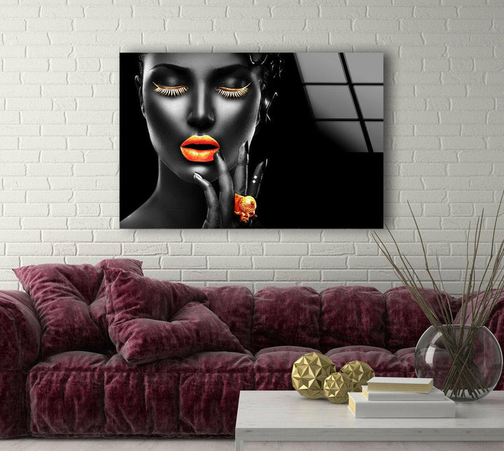 Gold Lips Woman Portrait Tempered Glass Wall Art - MyPhotoStation