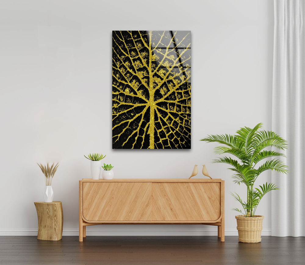 Golden Sparkle Leaves Glass Wall Art glass image printing, glass prints from photos