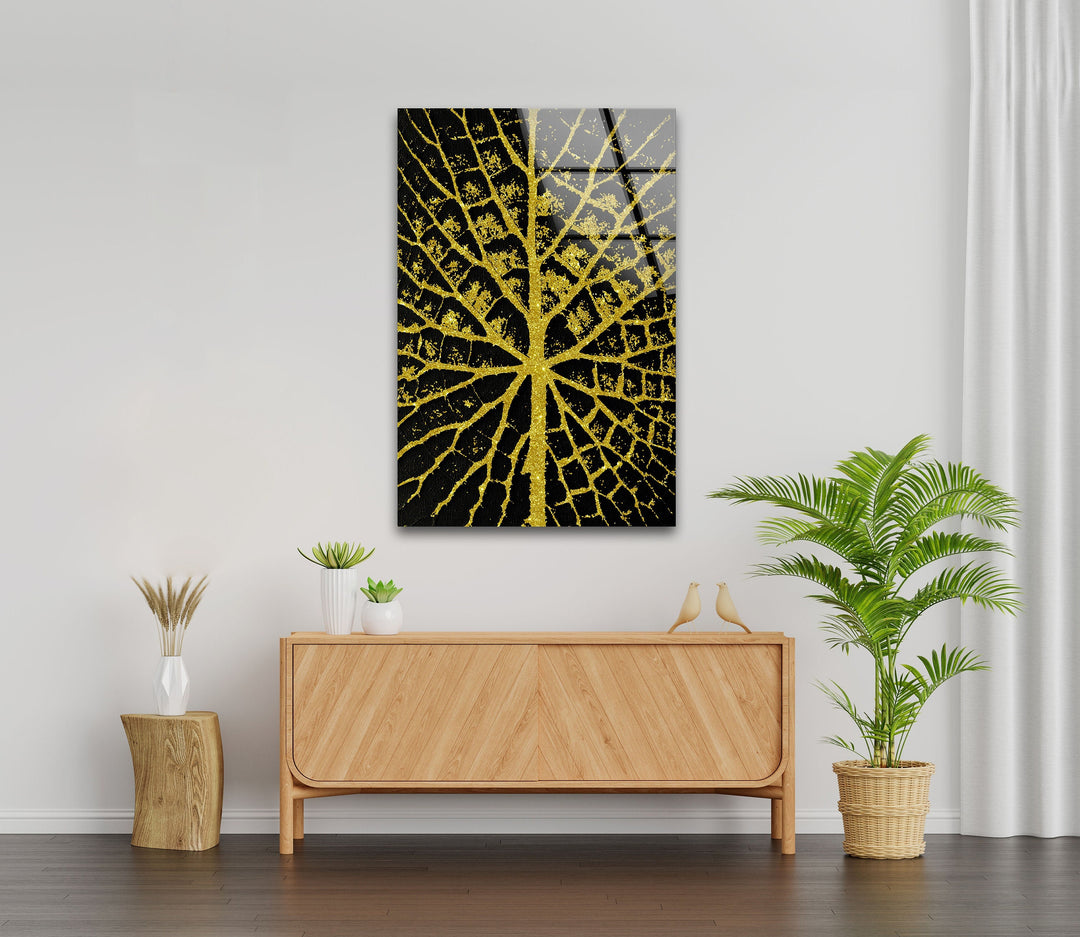 Golden Sparkle Leaves Glass Wall Art glass image printing, glass prints from photos