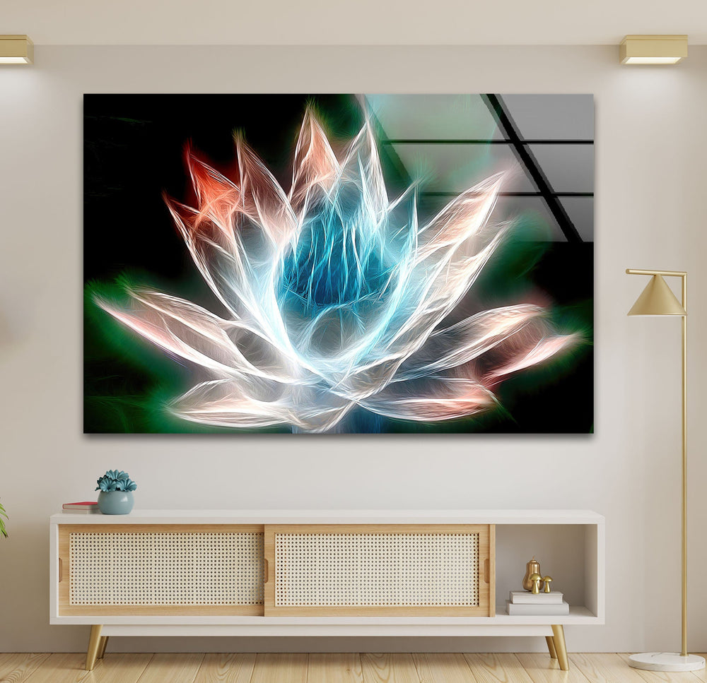 Glowing Lotus Illustration Glass Wall Art, glass wall decor, glass wall art decor