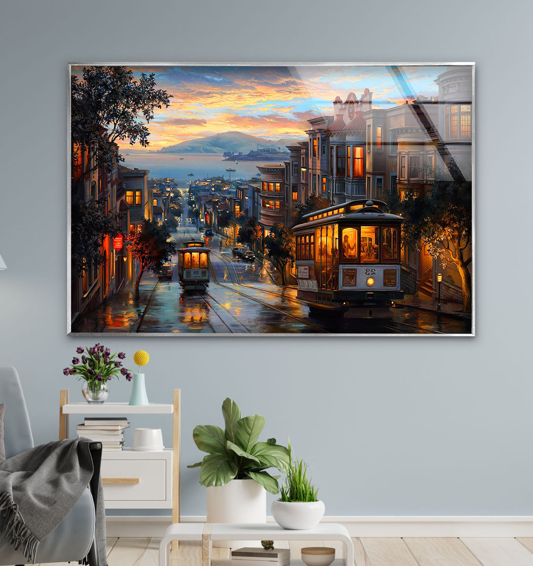 City Tram Landscape Glass Wall Art custom glass pictures, glass art prints