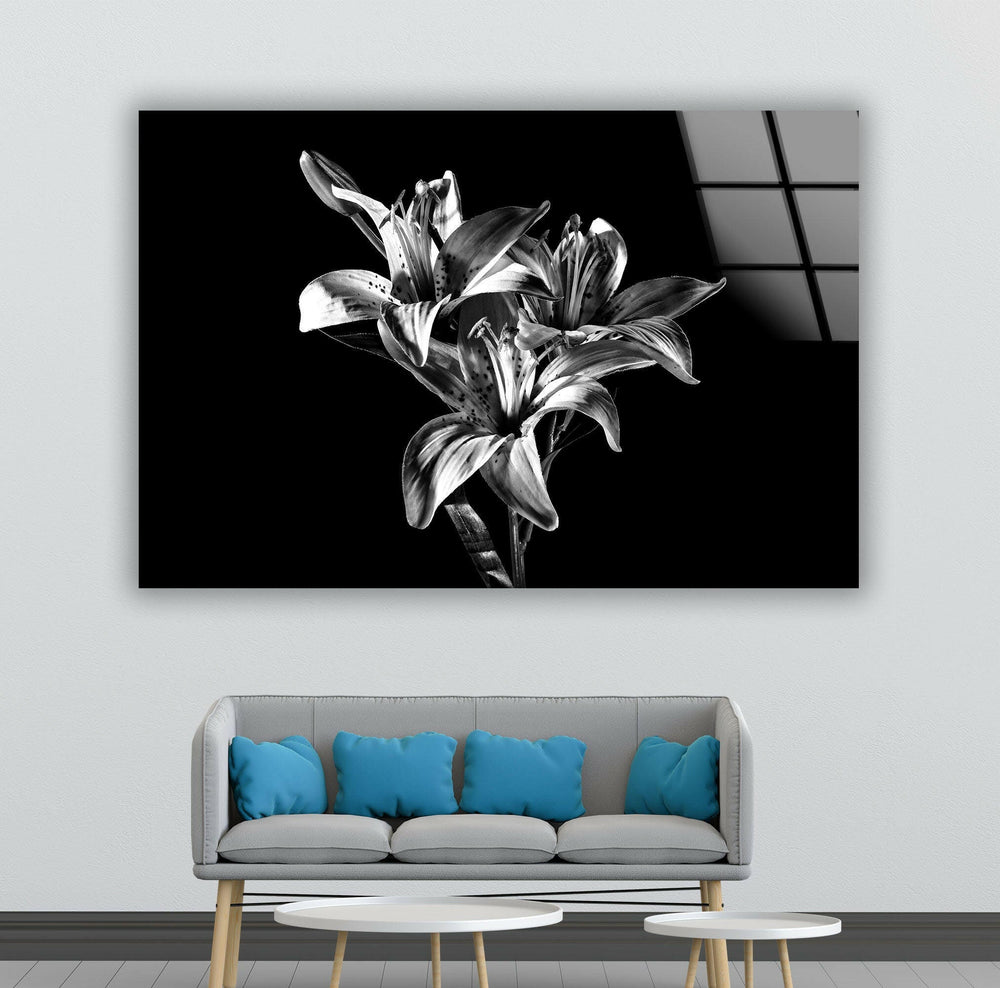 Black Xray Lily Flower Glass Wall Art, picture on glass wall art, photos printed on glass
