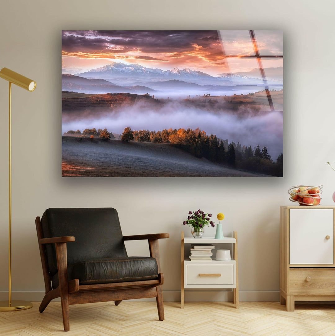 Foggy Mountains Glass Wall Art custom glass pictures, glass art prints