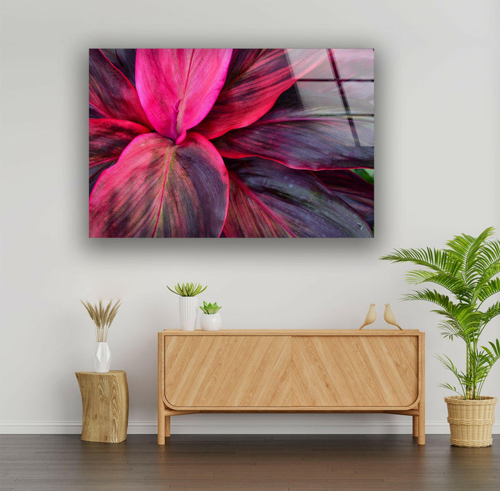 Pink Botanical Leaves Glass Wall Art, glass art painting, glass art for the Wall