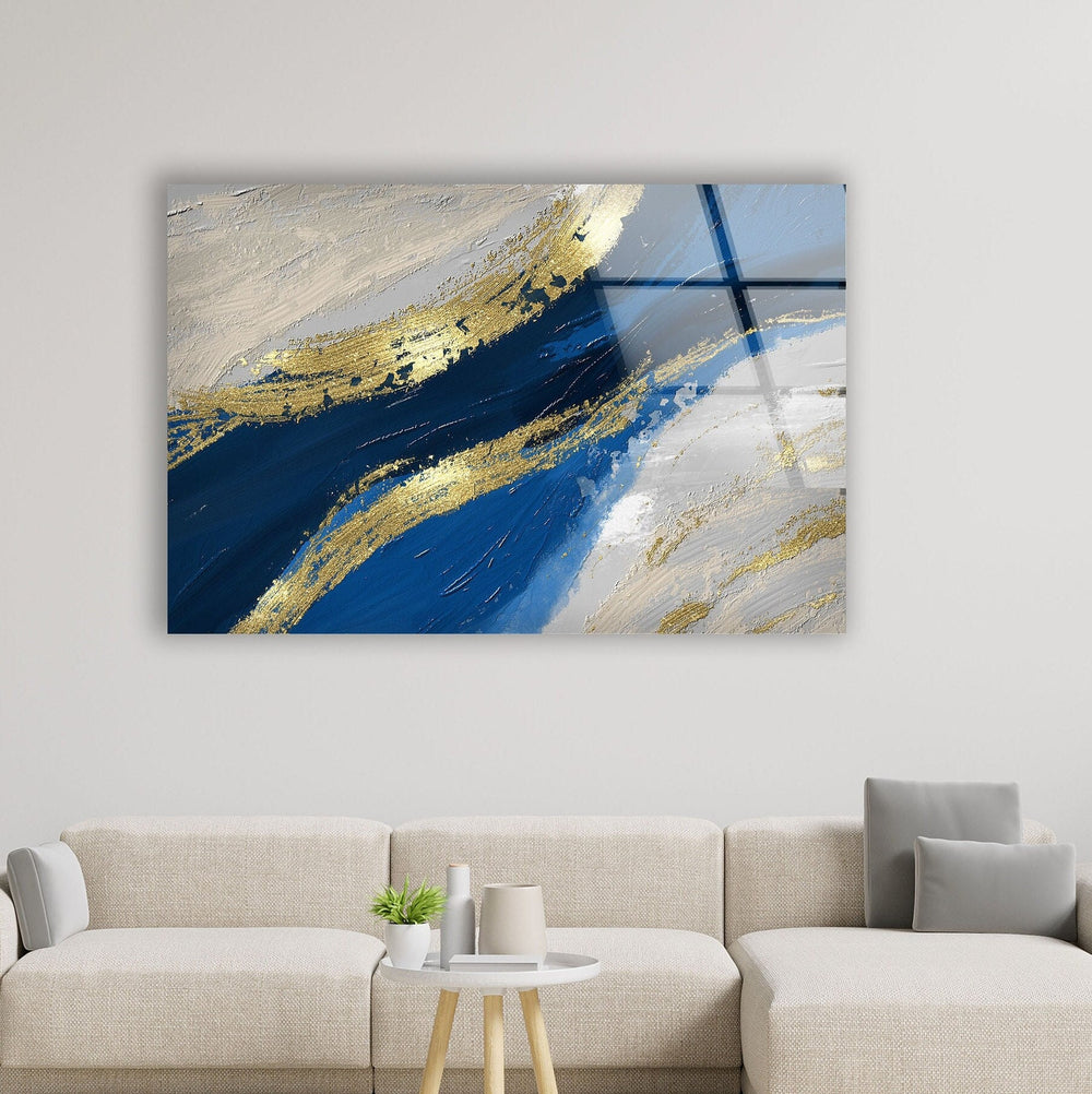 Abstract Tempered Glass Wall Art - MyPhotoStation Blue and Gold Modern Art Glass Wall Art