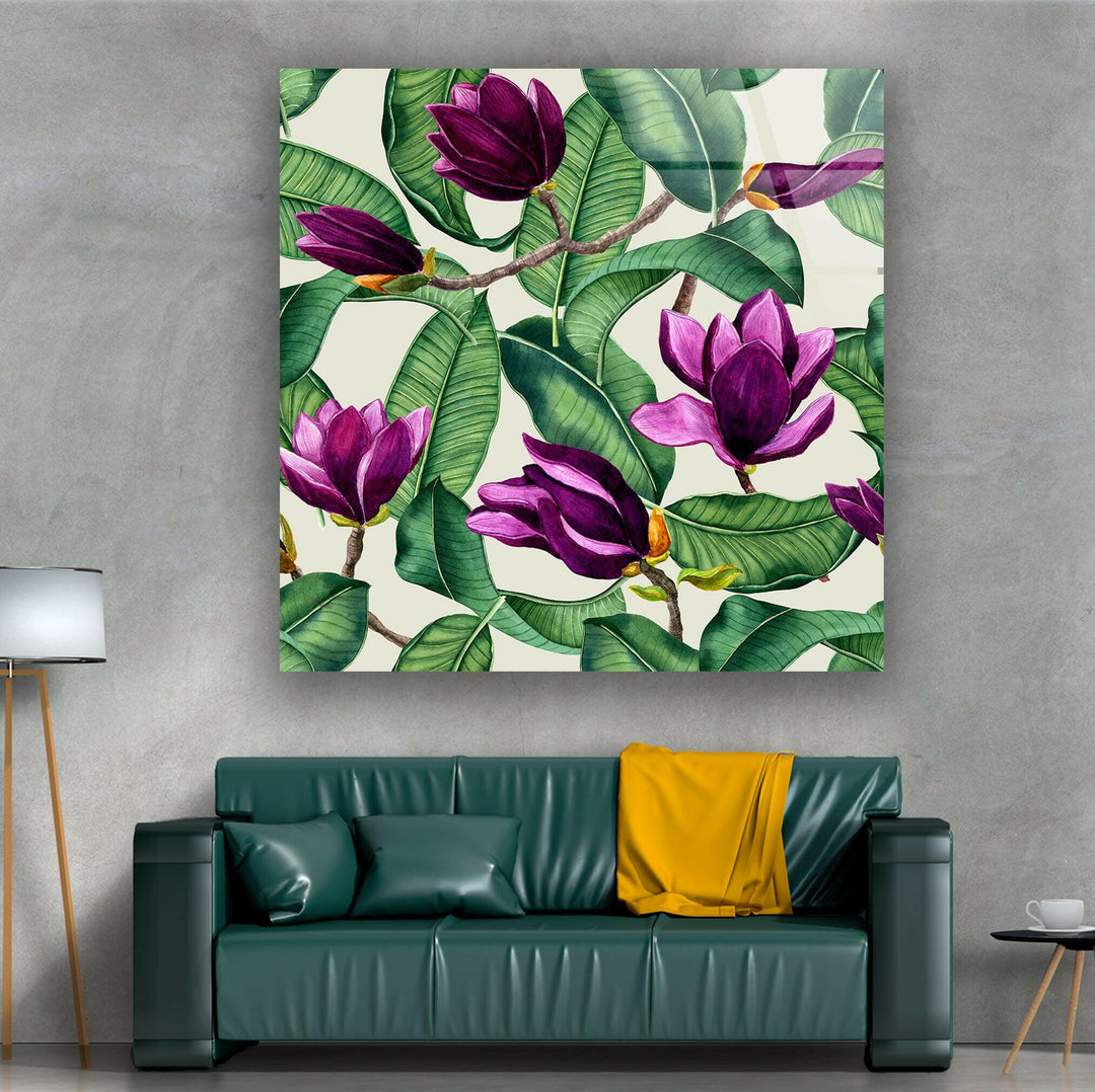 Watercolor Purple Magnolia Flower Glass Wall Art, glass wall decor, glass wall art decor
