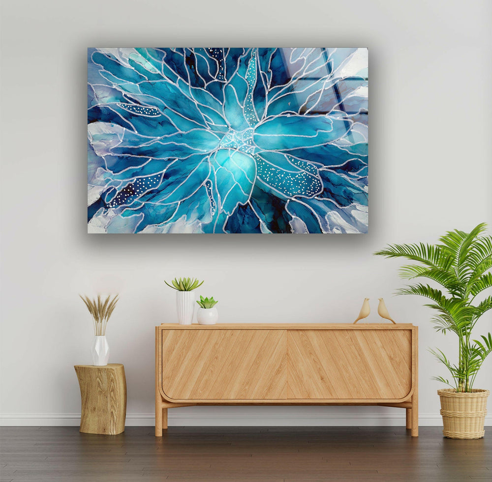 Stained Silver and Blue Flower Tempered Glass Wall Art - MyPhotoStation - Discover the perfect Glass Wall Art for your home. Our selection includes abstract glass art, glass panel art, and vibrant photo prints on glass. Customize your decor with beautiful glass wall pictures and tempered glass wall art. Free shipping and secure packaging on all orders.