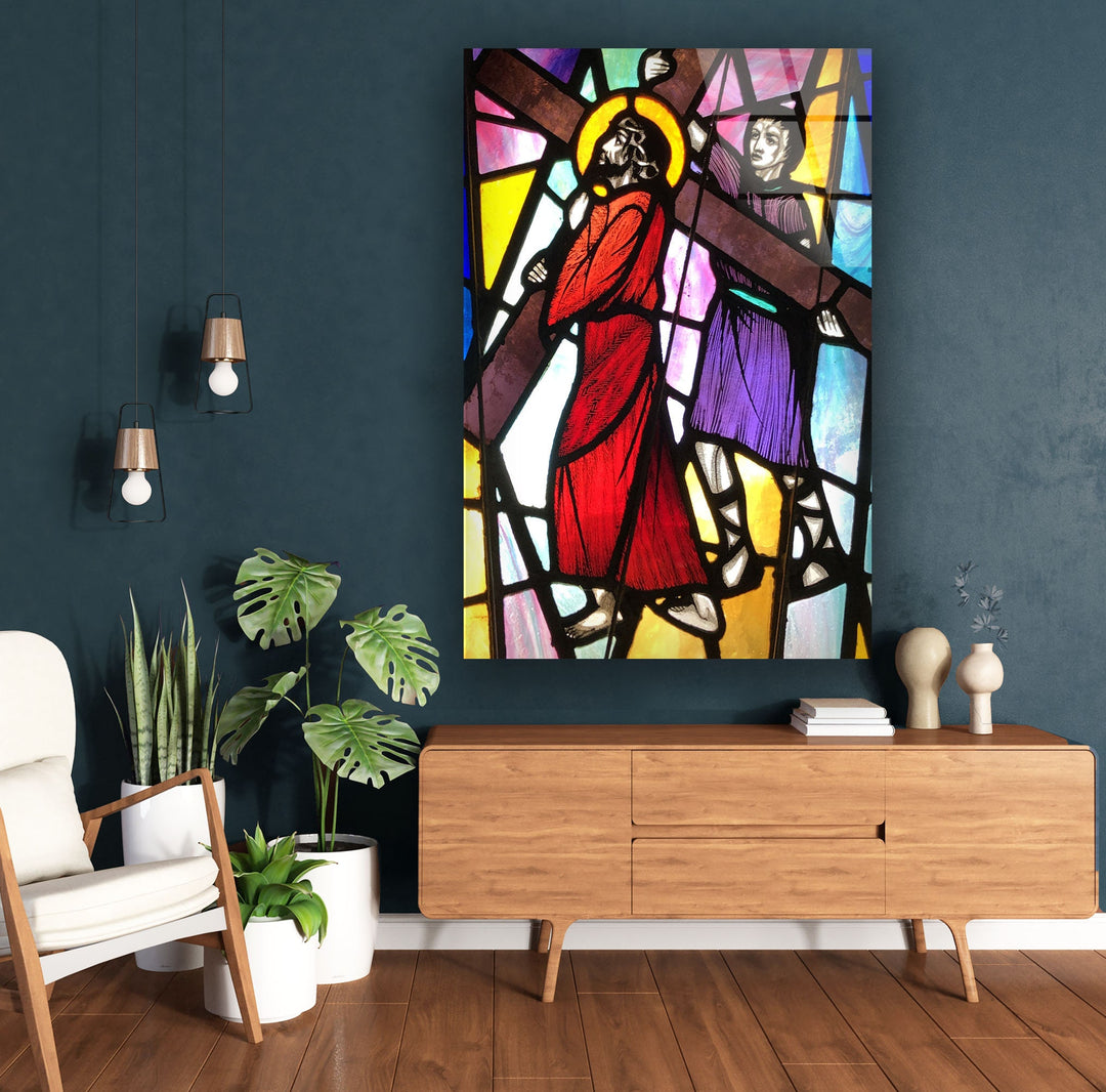 Simon Cyrene Helps Jesus Glass Wall Pictures Art