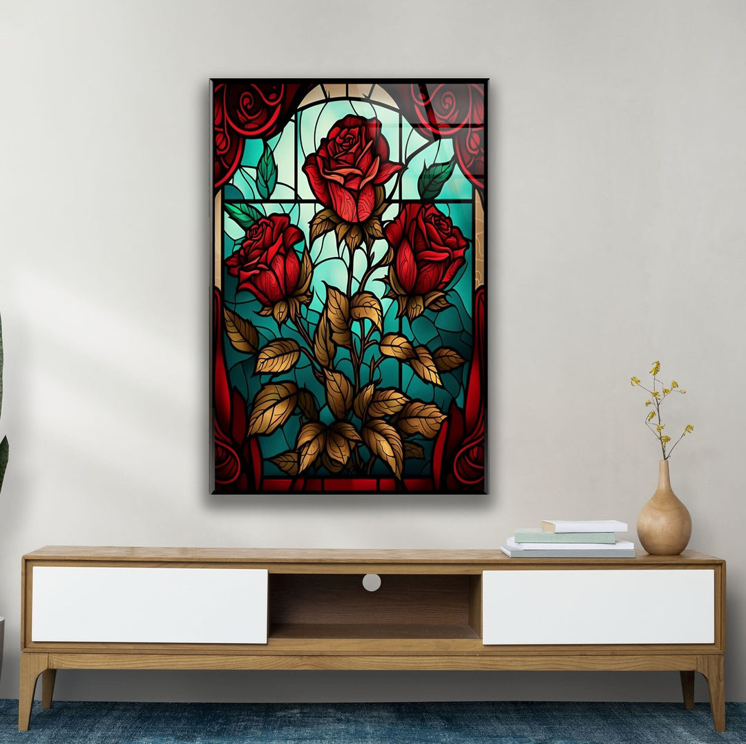 Stained Red Roses Glass Wall Art, custom glass photo prints, large glass prints