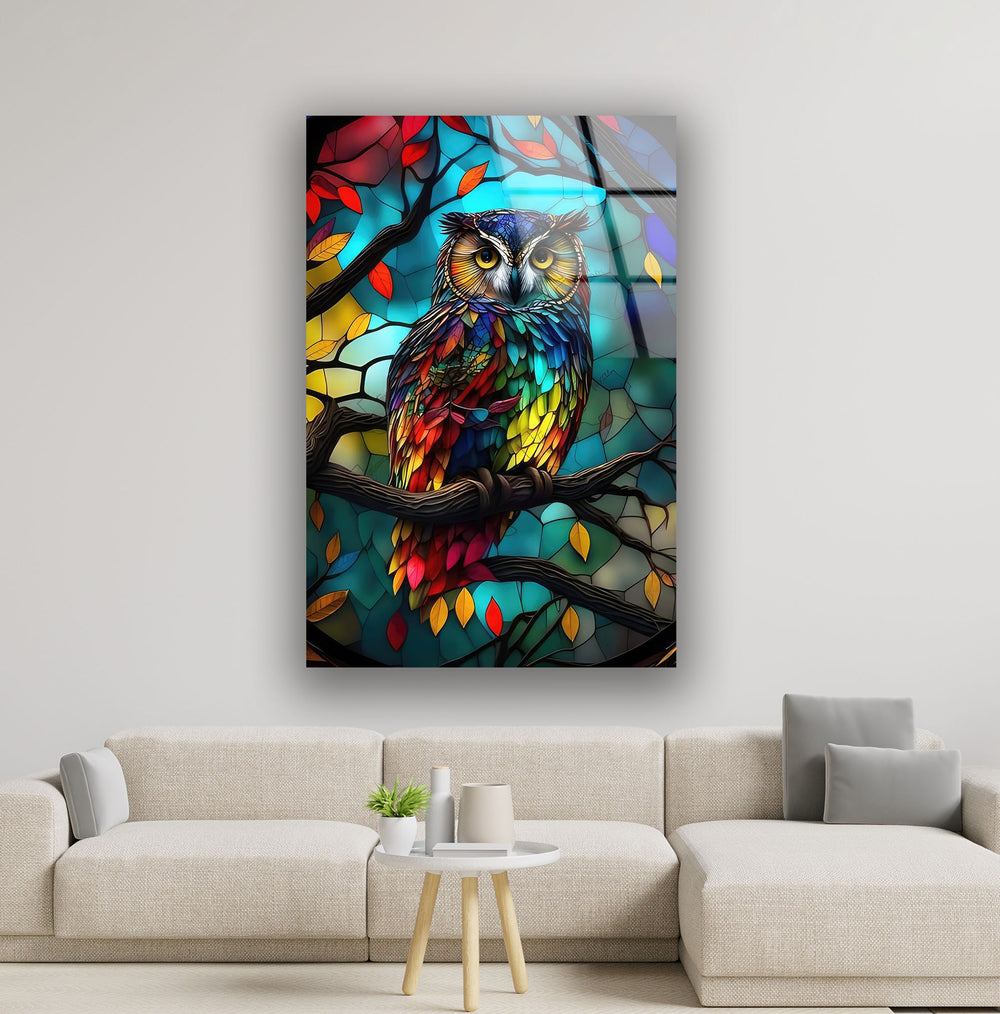 Brightly Coloured Owl Glass Wall Art picture on glass wall art, photos printed on glass