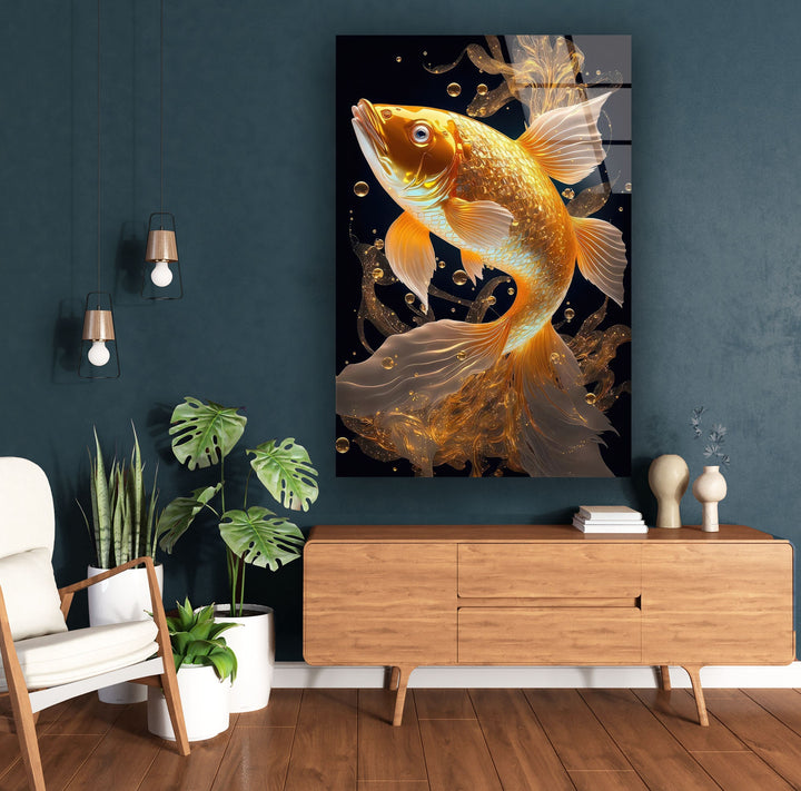 Golden Koi Fish Glass Wall Art glass image printing, glass prints from photos