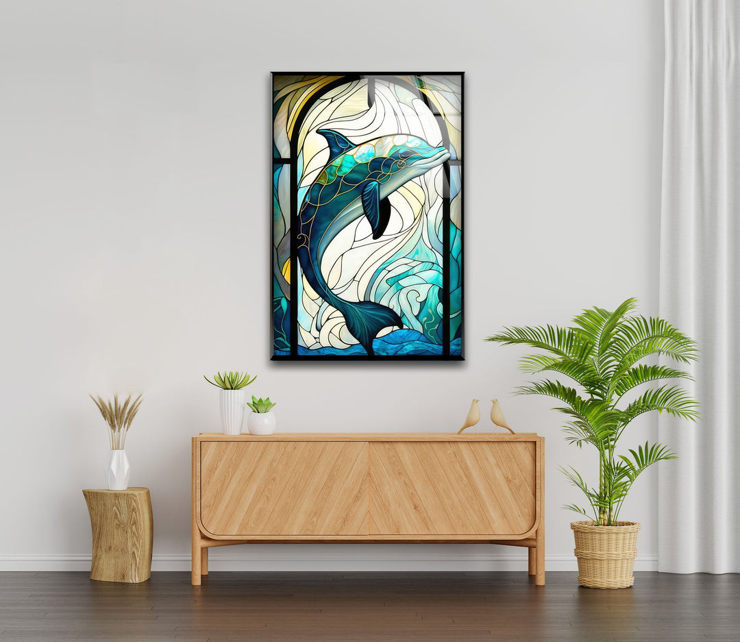 Stained Dolphin Glass Wall Art picture on glass wall art, photos printed on glass