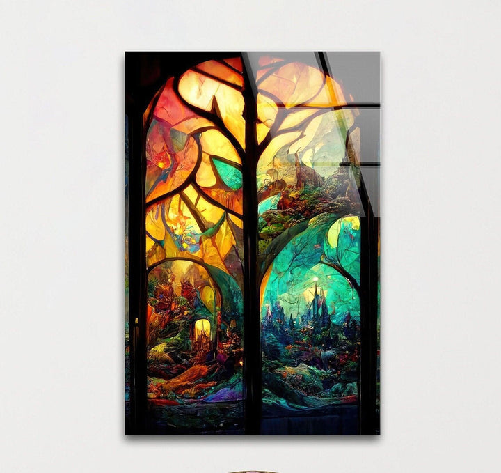 Forest & Castles Stained Glass Wall Art glass art painting, glass art for the Wall