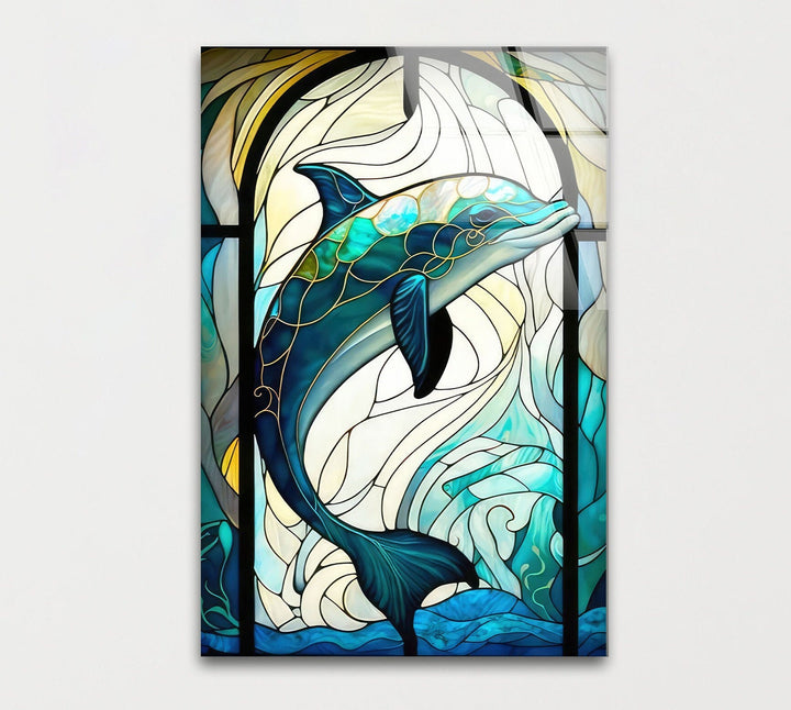 Stained Dolphin Glass Wall Art photo print on glass, prints on glass wall art