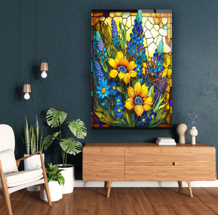 Stained Sunflower Glass Wall Art Our modern glass wall art will make your living room look better, or you can choose glass wall art for the living room to make a captivating center point. Our glass wall hanging choices make it easy and stylish to show off glass art, glass panel art, and glass panel artwork. With glass photo prints, you can keep your favorite memories alive forever as photographs or pictures on glass that look like they're coming to life.