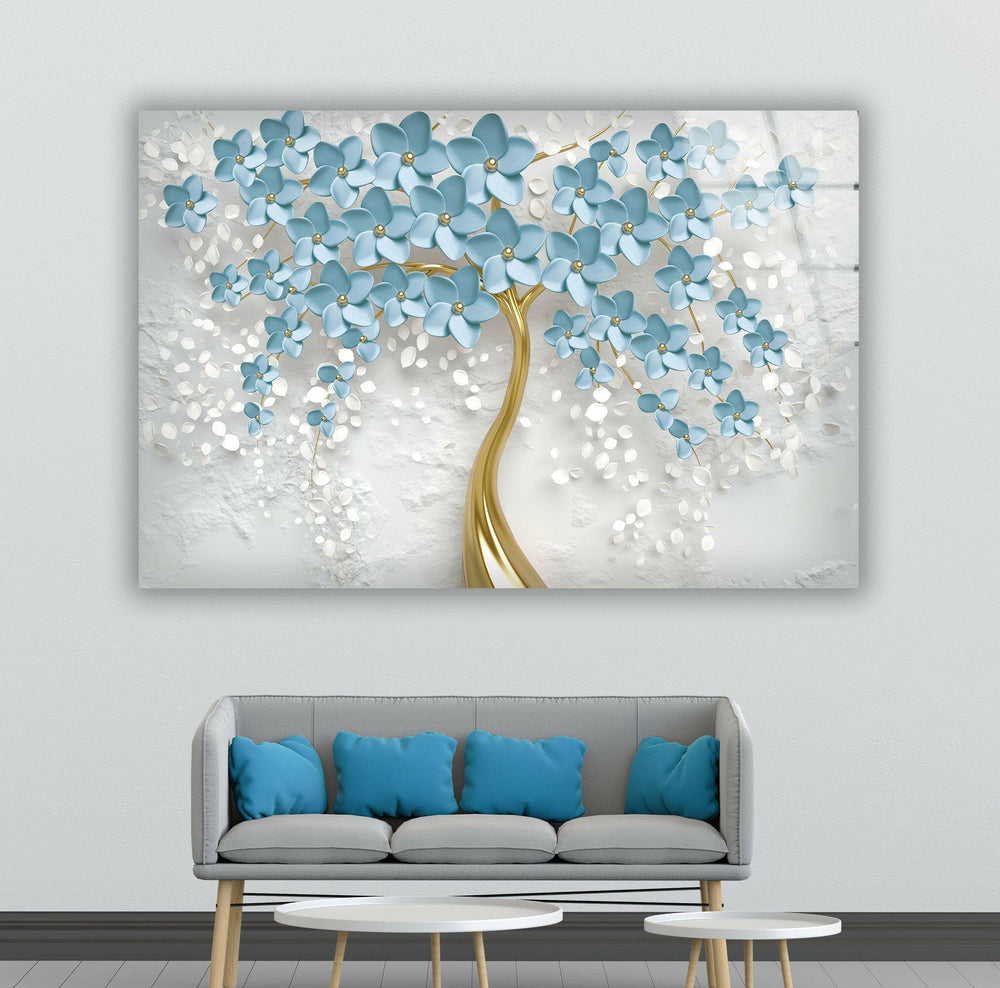 Blue and Gold Tree Tempered Glass Wall Art - MyPhotoStation