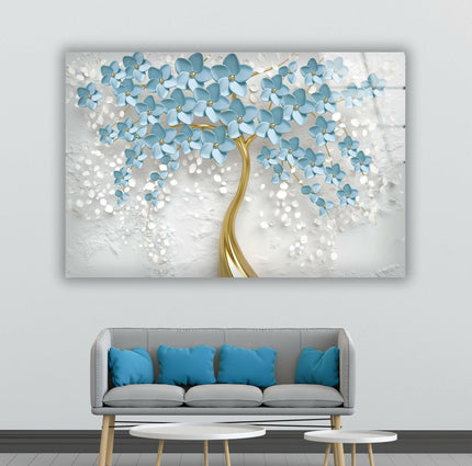 Tree with Blue and Gold Flowers Glass Wall Art